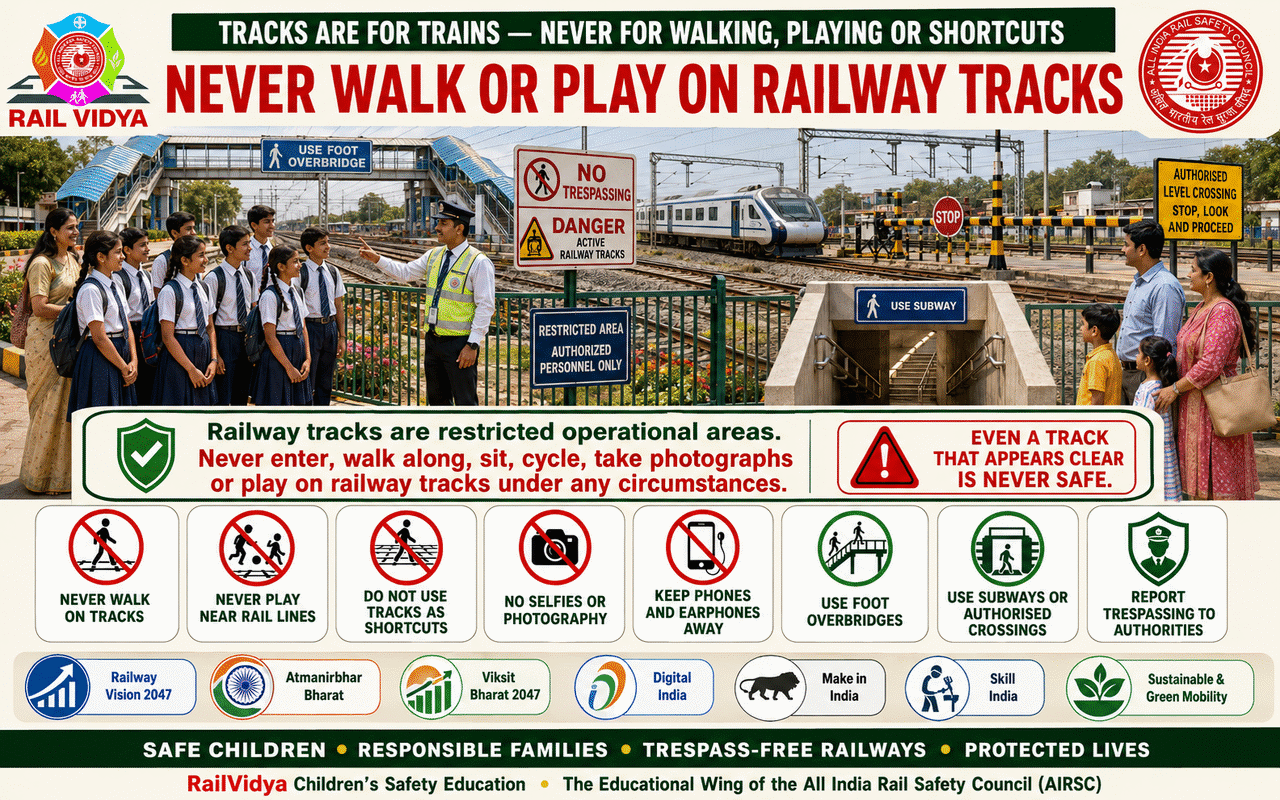 NEVER WALK OR PLAY ON RAILWAY TRACKS